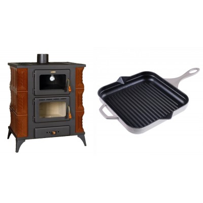 Set Kaminofen, Holzofen mit Backfach Prity, Modell FMS RK Braun, Leistung 12kW, Keramikverkleidung, Füße + Emaillierte grillpfanne Gusseisen Solagio, Ivory, 28x28cm - Kaminofen - Holzofen mit Backfach