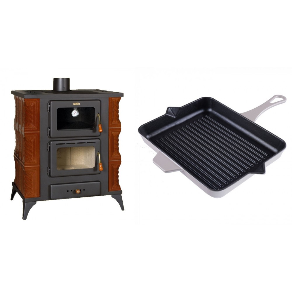 Set Kaminofen, Holzofen mit Backfach Prity, Modell FMS RK Braun, Leistung 12kW, Keramikverkleidung, Füße + Emaillierte grillpfanne Gusseisen Solagio, Ivory, 26x32cm | Holzofen | Kaminofen |