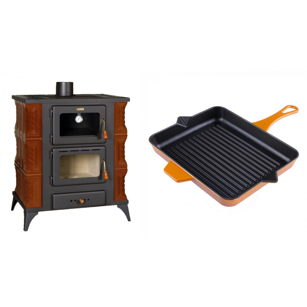 Set Kaminofen, Holzofen mit Backfach Prity, Modell FMS RK Braun, Leistung 12kW, Keramikverkleidung, Füße + Emaillierte grillpfanne Gusseisen Solagio, Dijon, 26x32cm | Holzofen | Kaminofen |