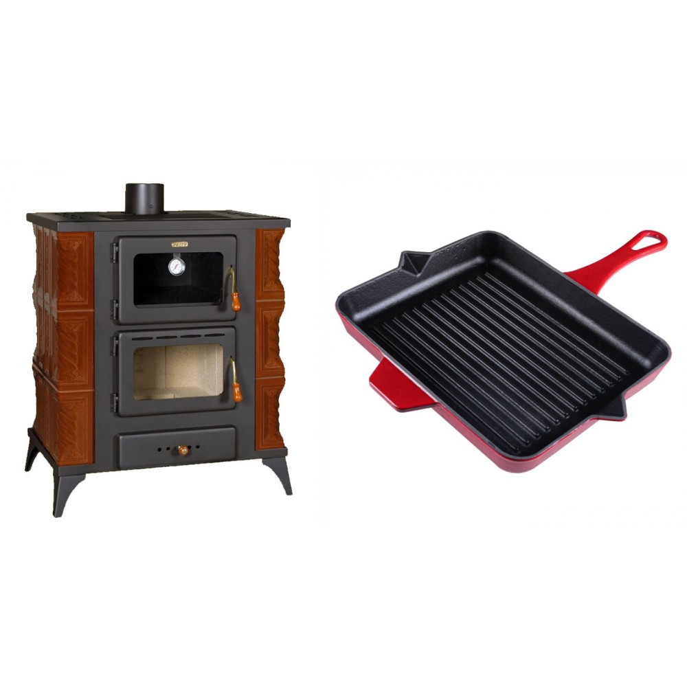 Set Kaminofen, Holzofen mit Backfach Prity, Modell FMS RK Braun, Leistung 12kW, Keramikverkleidung, Füße + Emaillierte grillpfanne Gusseisen Solagio, Rubin, 26x32cm