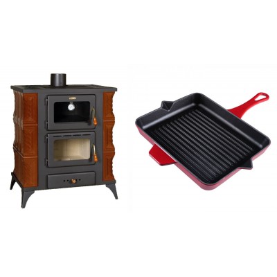 Set Kaminofen, Holzofen mit Backfach Prity, Modell FMS RK Braun, Leistung 12kW, Keramikverkleidung, Füße + Emaillierte grillpfanne Gusseisen Solagio, Rubin, 26x32cm - Kaminofen - Holzofen mit Backfach
