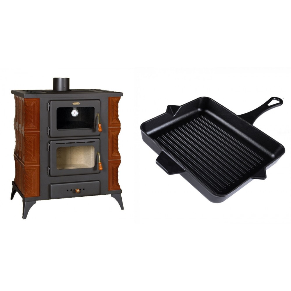 Set Kaminofen, Holzofen mit Backfach Prity, Modell FMS RK Braun, Leistung 12kW, Keramikverkleidung, Füße + Emaillierte grillpfanne Gusseisen Solagio, Black Onyx, 26x32cm