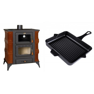 Set Kaminofen, Holzofen mit Backfach Prity, Modell FMS RK Braun, Leistung 12kW, Keramikverkleidung, Füße + Emaillierte grillpfanne Gusseisen Solagio, Black Onyx, 26x32cm - Kaminofen - Holzofen mit Backfach