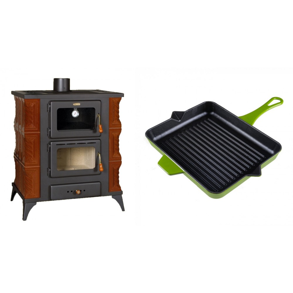 Set Kaminofen, Holzofen mit Backfach Prity, Modell FMS RK Braun, Leistung 12kW, Keramikverkleidung, Füße + Emaillierte grillpfanne Gusseisen Solagio, Bamboo, 26x32cm | Holzofen | Kaminofen |