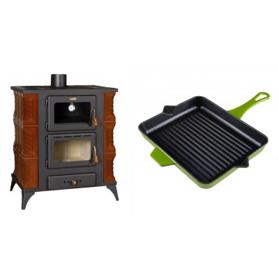 Set Kaminofen, Holzofen mit Backfach Prity, Modell FMS RK Braun, Leistung 12kW, Keramikverkleidung, Füße + Emaillierte grillpfanne Gusseisen Solagio, Bamboo, 26x32cm - Kaminofen - Holzofen mit Backfach