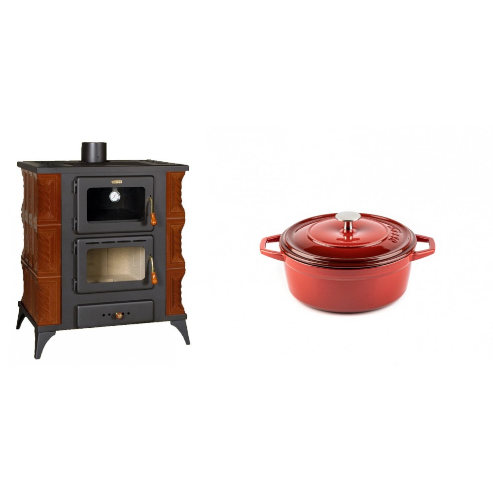 Set Kaminofen, Holzofen mit Backfach Prity, Modell FMS RK Braun, Leistung 12kW, Keramikverkleidung, Füße + Gusseisen Topf Tiefer Solagio, Rubin, Ф12