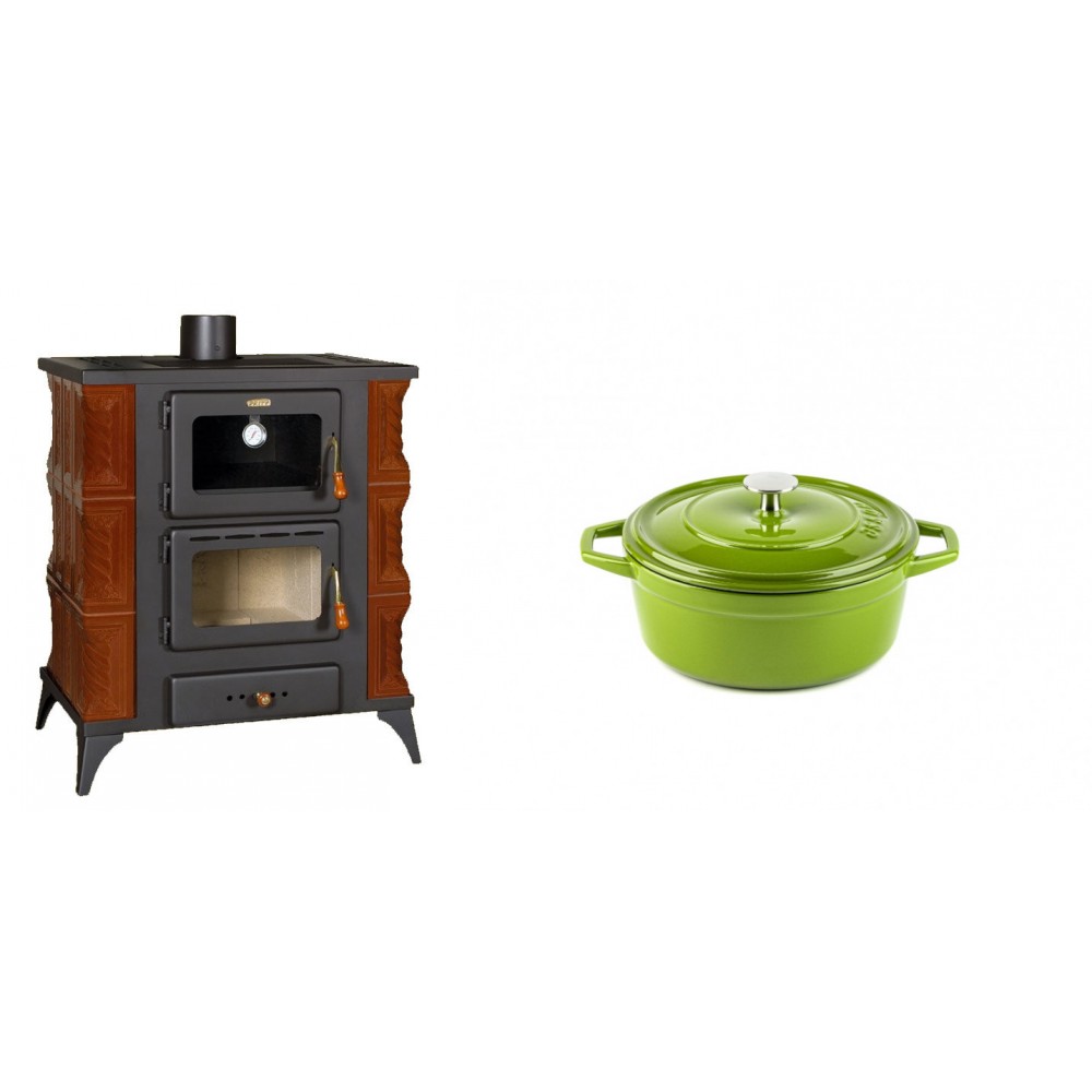 Set Kaminofen, Holzofen mit Backfach Prity, Modell FMS RK Braun, Leistung 12kW, Keramikverkleidung, Füße + Gusseisen Topf Tiefer Solagio, Bamboo, Ф12 | Holzofen | Kaminofen |