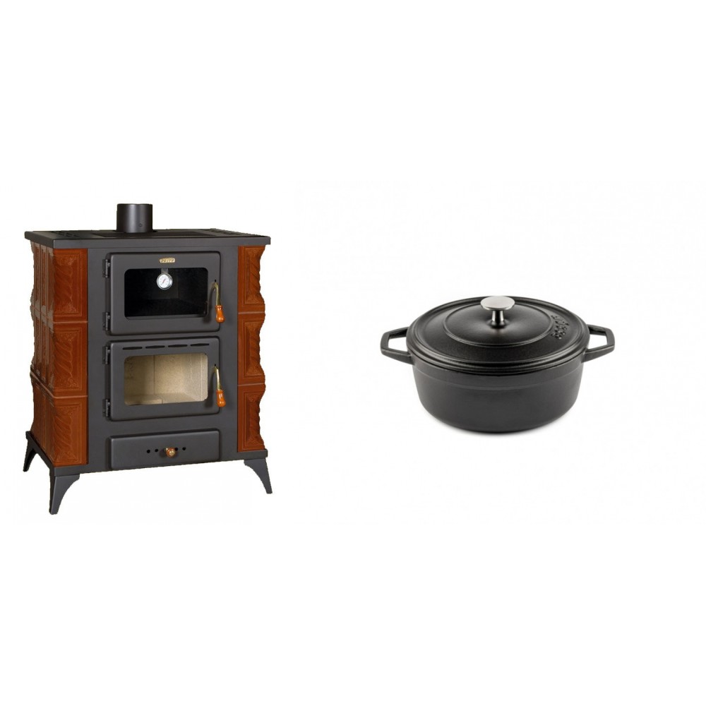 Set Kaminofen, Holzofen mit Backfach Prity, Modell FMS RK Braun, Leistung 12kW, Keramikverkleidung, Füße + Gusseisen Topf Tiefer Solagio, Black Onyx, Ф12 | Holzofen | Kaminofen |