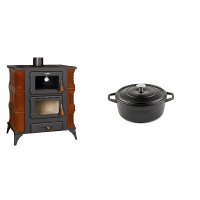 Set Kaminofen, Holzofen mit Backfach Prity, Modell FMS RK Braun, Leistung 12kW, Keramikverkleidung, Füße + Gusseisen Topf Tiefer Solagio, Black Onyx, Ф12 - Kaminofen - Holzofen mit Backfach