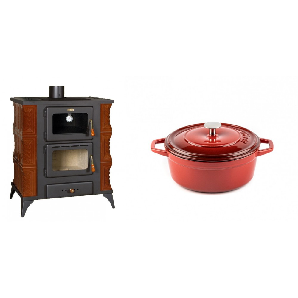 Set Kaminofen, Holzofen mit Backfach Prity, Modell FMS RK Braun, Leistung 12kW, Keramikverkleidung, Füße + Gusseisen Topf Tiefer Solagio, Rubin, Ф20
