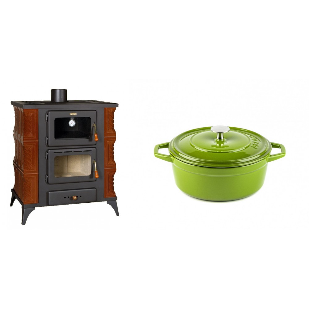 Set Kaminofen, Holzofen mit Backfach Prity, Modell FMS RK Braun, Leistung 12kW, Keramikverkleidung, Füße + Gusseisen Topf Tiefer Solagio, Bamboo, Ф20 | Holzofen | Kaminofen |