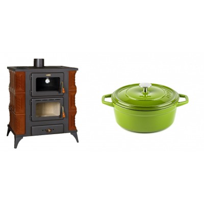 Set Kaminofen, Holzofen mit Backfach Prity, Modell FMS RK Braun, Leistung 12kW, Keramikverkleidung, Füße + Gusseisen Topf Tiefer Solagio, Bamboo, Ф20 - Kaminofen - Holzofen mit Backfach