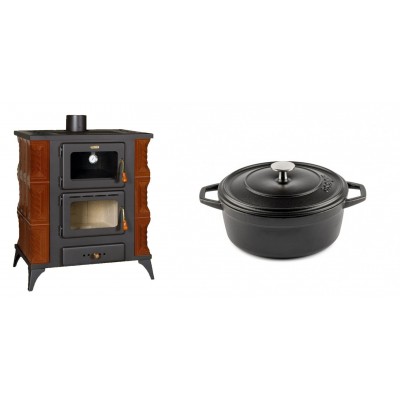Set Kaminofen, Holzofen mit Backfach Prity, Modell FMS RK Braun, Leistung 12kW, Keramikverkleidung, Füße + Gusseisen Topf Tiefer Solagio, Black Onyx, Ф20 - Kaminofen - Holzofen mit Backfach