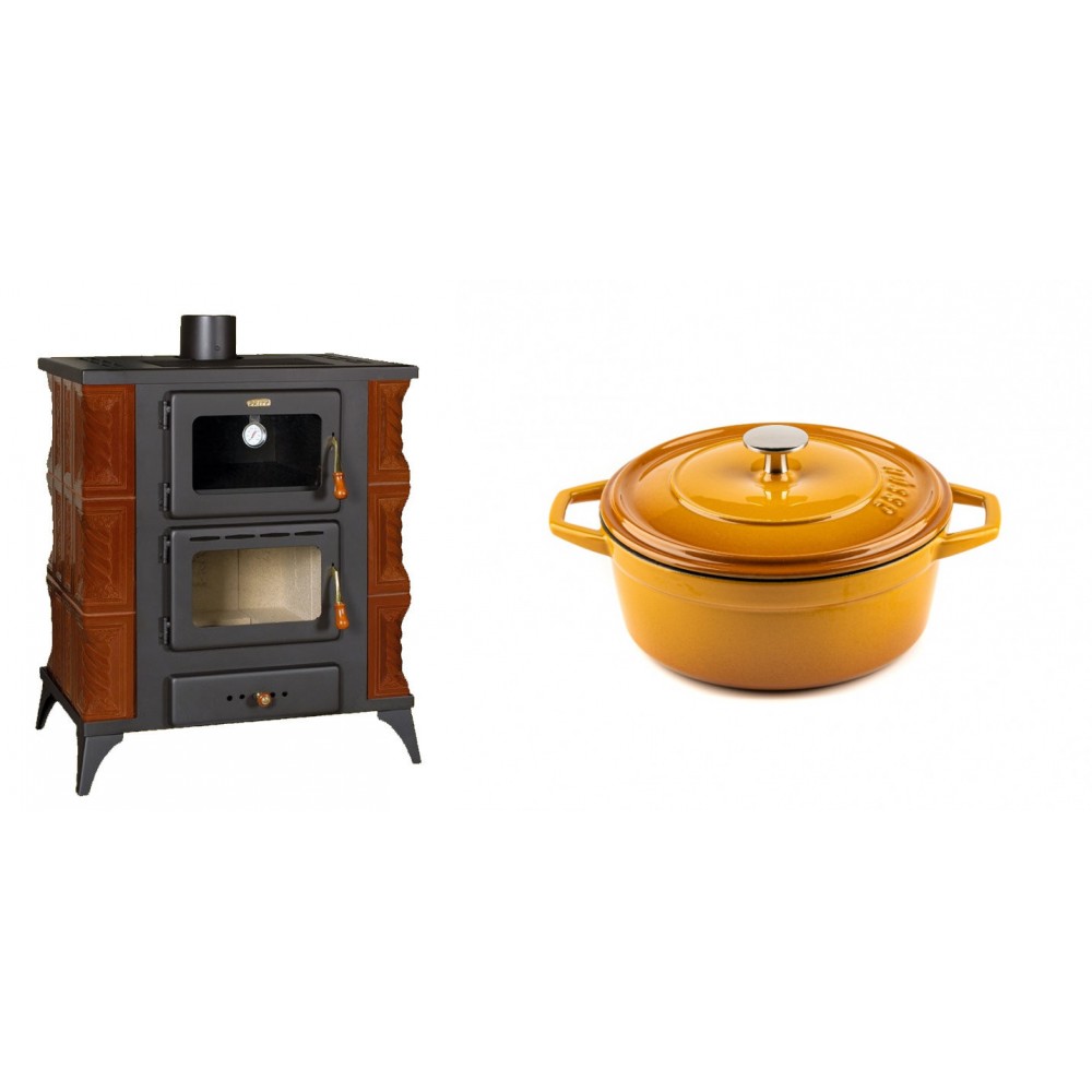 Set Kaminofen, Holzofen mit Backfach Prity, Modell FMS RK Braun, Leistung 12kW, Keramikverkleidung, Füße + Gusseisen Topf Tiefer Solagio, Dijon, Ф20