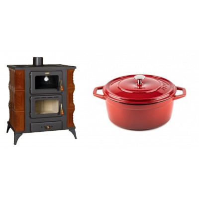 Set Kaminofen, Holzofen mit Backfach Prity, Modell FMS RK Braun, Leistung 12kW, Keramikverkleidung, Füße + Gusseisen Topf Tiefer Solagio, Rubin, Ф24 - Kaminofen - Holzofen mit Backfach