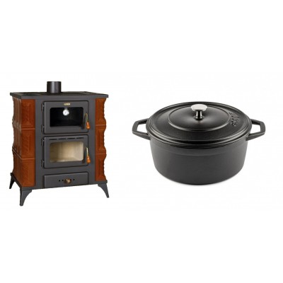 Set Kaminofen, Holzofen mit Backfach Prity, Modell FMS RK Braun, Leistung 12kW, Keramikverkleidung, Füße + Gusseisen Topf Tiefer Solagio, Black Onyx, Ф24 - Kaminofen - Holzofen mit Backfach