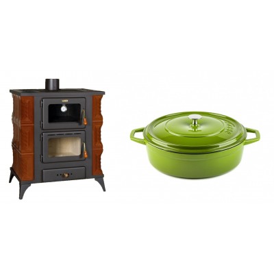 Set Kaminofen, Holzofen mit Backfach Prity, Modell FMS RK Braun, Leistung 12kW, Keramikverkleidung, Füße + Gusseisen Topf Flach Solagio, Bamboo, Ф26 - Kaminofen - Holzofen mit Backfach