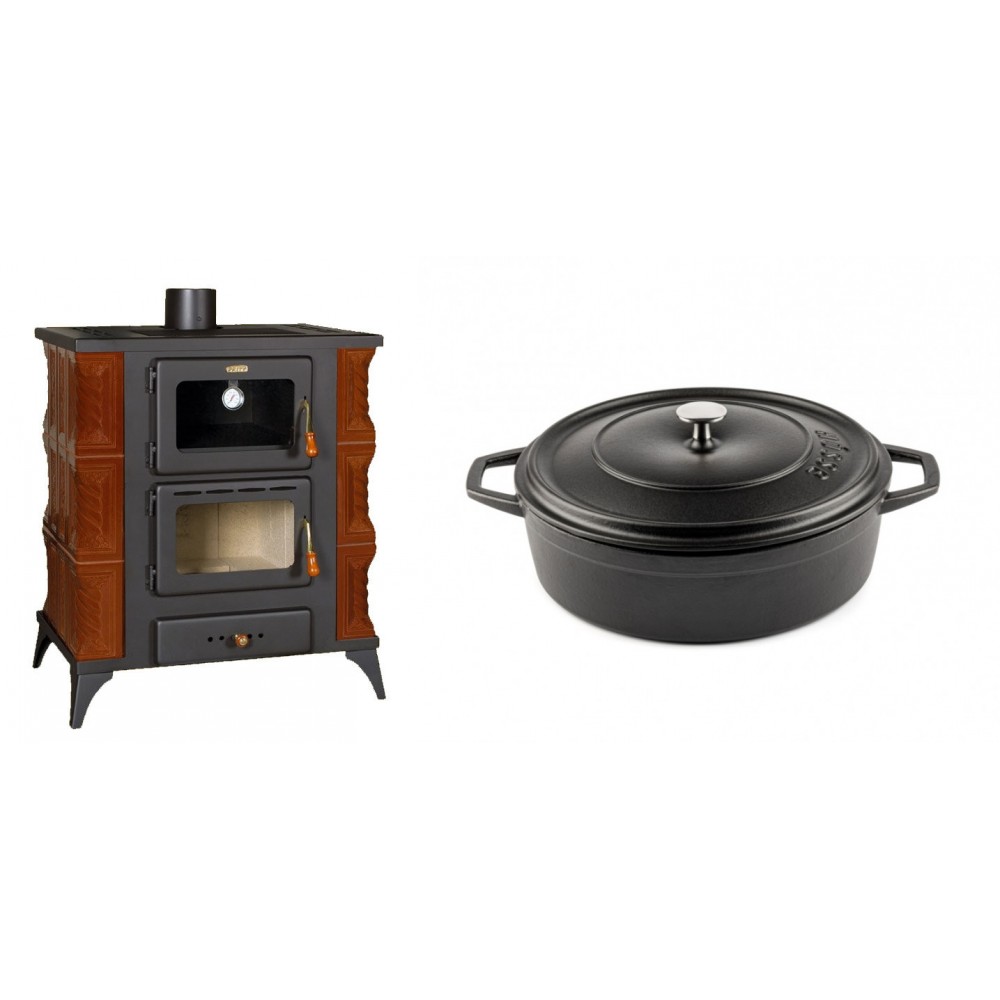Set Kaminofen, Holzofen mit Backfach Prity, Modell FMS RK Braun, Leistung 12kW, Keramikverkleidung, Füße + Gusseisen Topf Flach Solagio, Black Onyx, Ф26