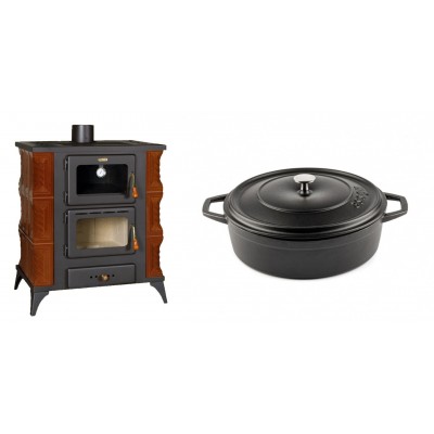 Set Kaminofen, Holzofen mit Backfach Prity, Modell FMS RK Braun, Leistung 12kW, Keramikverkleidung, Füße + Gusseisen Topf Flach Solagio, Black Onyx, Ф26 - Kaminofen - Holzofen mit Backfach