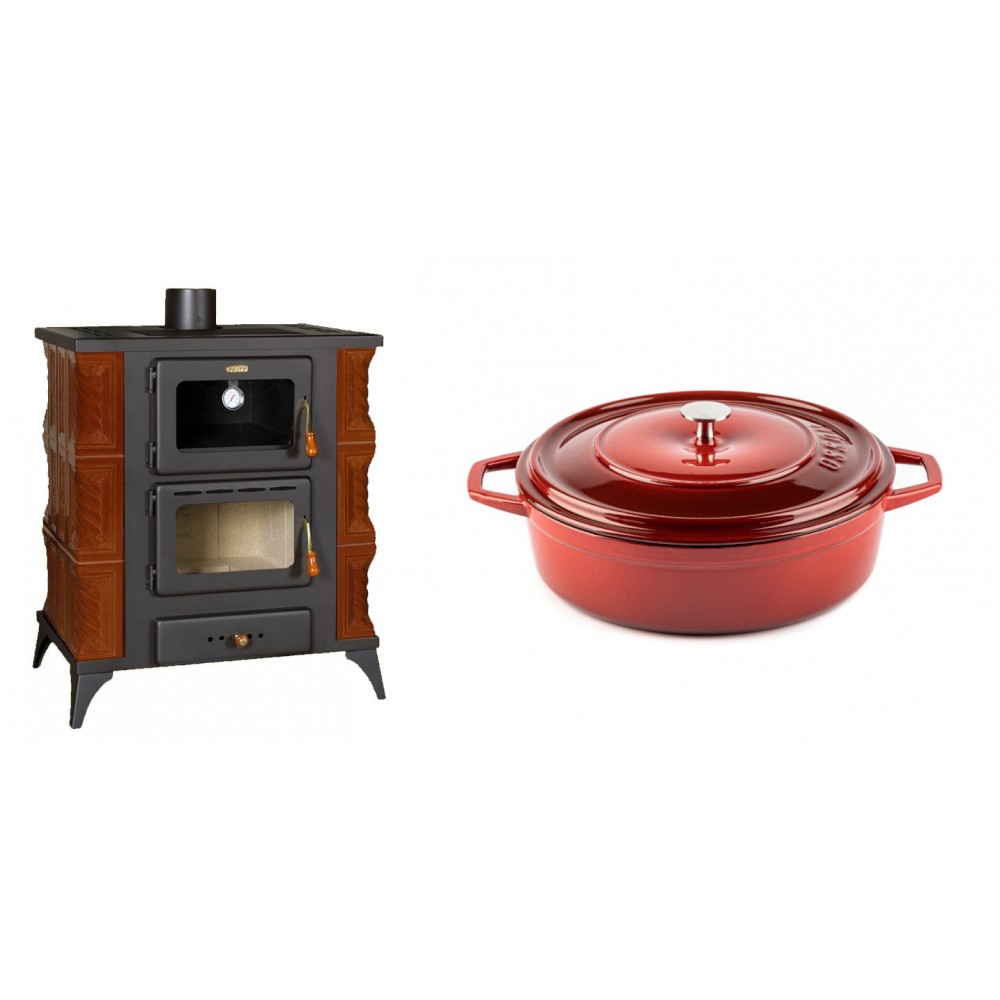 Set Kaminofen, Holzofen mit Backfach Prity, Modell FMS RK Braun, Leistung 12kW, Keramikverkleidung, Füße + Gusseisen Topf Flach Solagio, Rubin, Ф26 | Holzofen | Kaminofen |