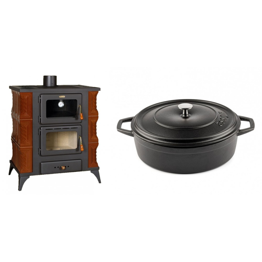 Set Kaminofen, Holzofen mit Backfach Prity, Modell FMS RK Braun, Leistung 12kW, Keramikverkleidung, Füße + Gusseisen Topf Flach Solagio, Black Onyx, Ф28