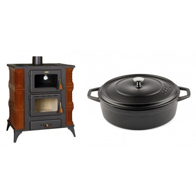 Set Kaminofen, Holzofen mit Backfach Prity, Modell FMS RK Braun, Leistung 12kW, Keramikverkleidung, Füße + Gusseisen Topf Flach Solagio, Black Onyx, Ф28 - Kaminofen - Holzofen mit Backfach
