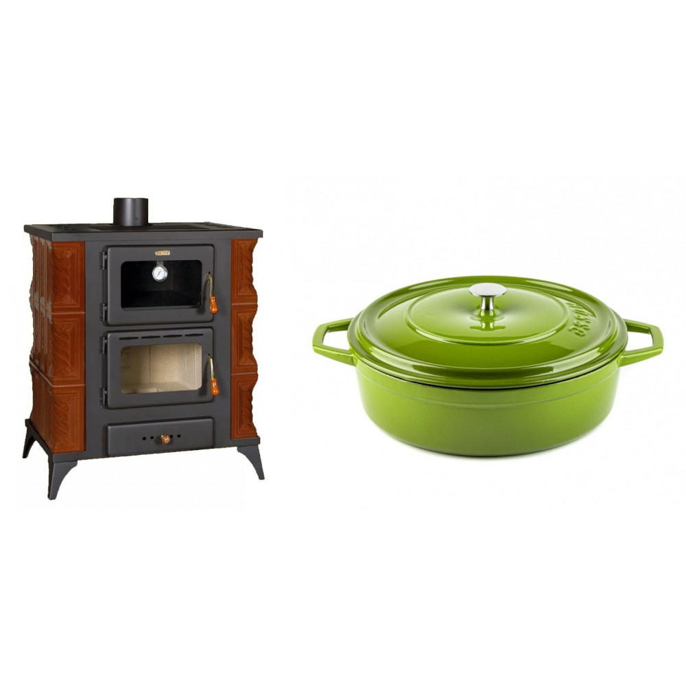 Set Kaminofen, Holzofen mit Backfach Prity, Modell FMS RK Braun, Leistung 12kW, Keramikverkleidung, Füße + Gusseisen Topf Flach Solagio, Bamboo, Ф28