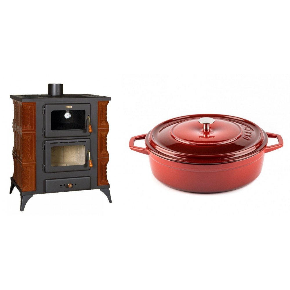 Set Kaminofen, Holzofen mit Backfach Prity, Modell FMS RK Braun, Leistung 12kW, Keramikverkleidung, Füße + Gusseisen Topf Flach Solagio, Rubin, Ф28 | Holzofen | Kaminofen |