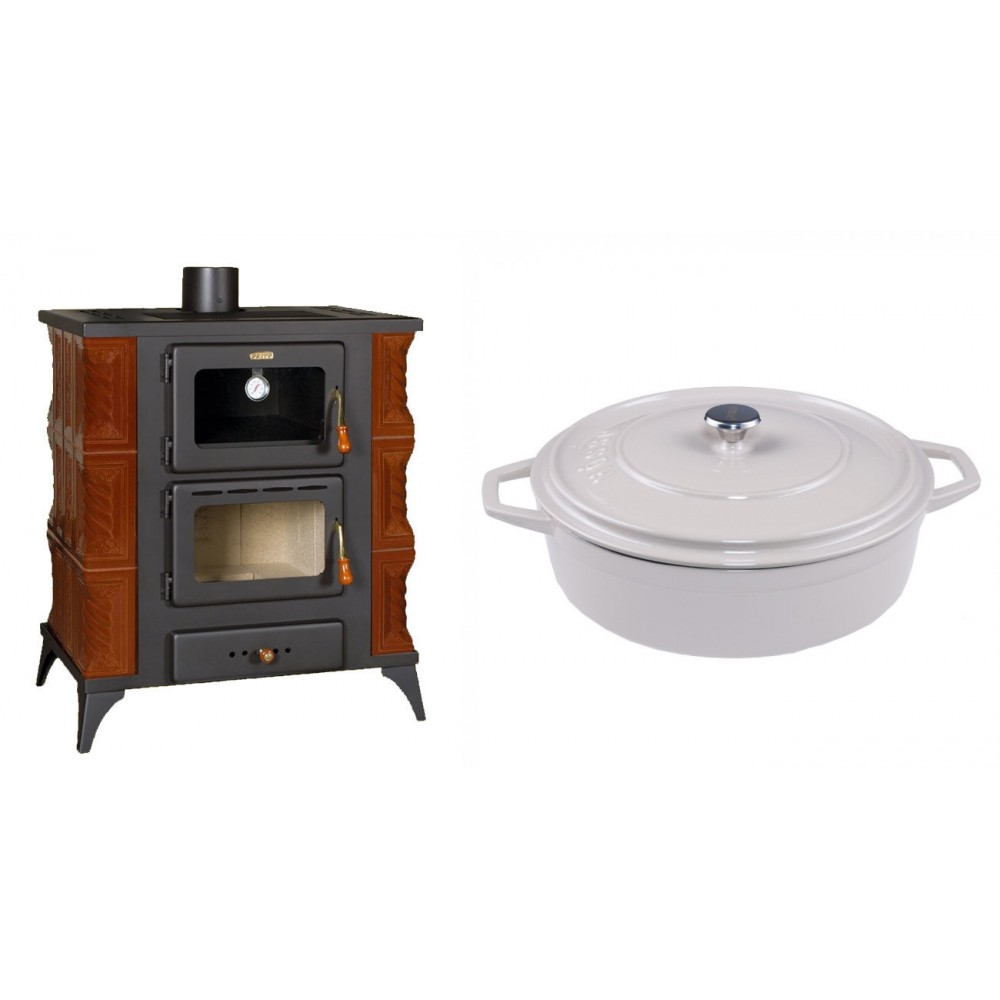 Set Kaminofen, Holzofen mit Backfach Prity, Modell FMS RK Braun, Leistung 12kW, Keramikverkleidung, Füße + Gusseisen Topf Flach Solagio, Ivory, Ф28 | Holzofen | Kaminofen |