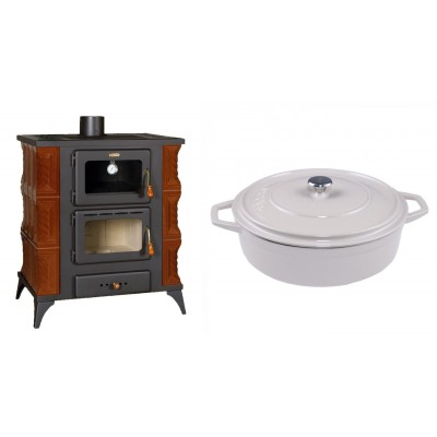 Set Kaminofen, Holzofen mit Backfach Prity, Modell FMS RK Braun, Leistung 12kW, Keramikverkleidung, Füße + Gusseisen Topf Flach Solagio, Ivory, Ф28 - Kaminofen - Holzofen mit Backfach