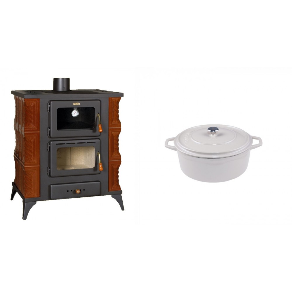 Set Kaminofen, Holzofen mit Backfach Prity, Modell FMS RK Braun, Leistung 12kW, Keramikverkleidung, Füße + Gusseisen Topf Tiefer Solagio, Ivory, Ф12 | Holzofen | Kaminofen |