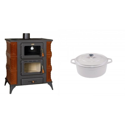 Set Kaminofen, Holzofen mit Backfach Prity, Modell FMS RK Braun, Leistung 12kW, Keramikverkleidung, Füße + Gusseisen Topf Tiefer Solagio, Ivory, Ф12 - Kaminofen - Holzofen mit Backfach