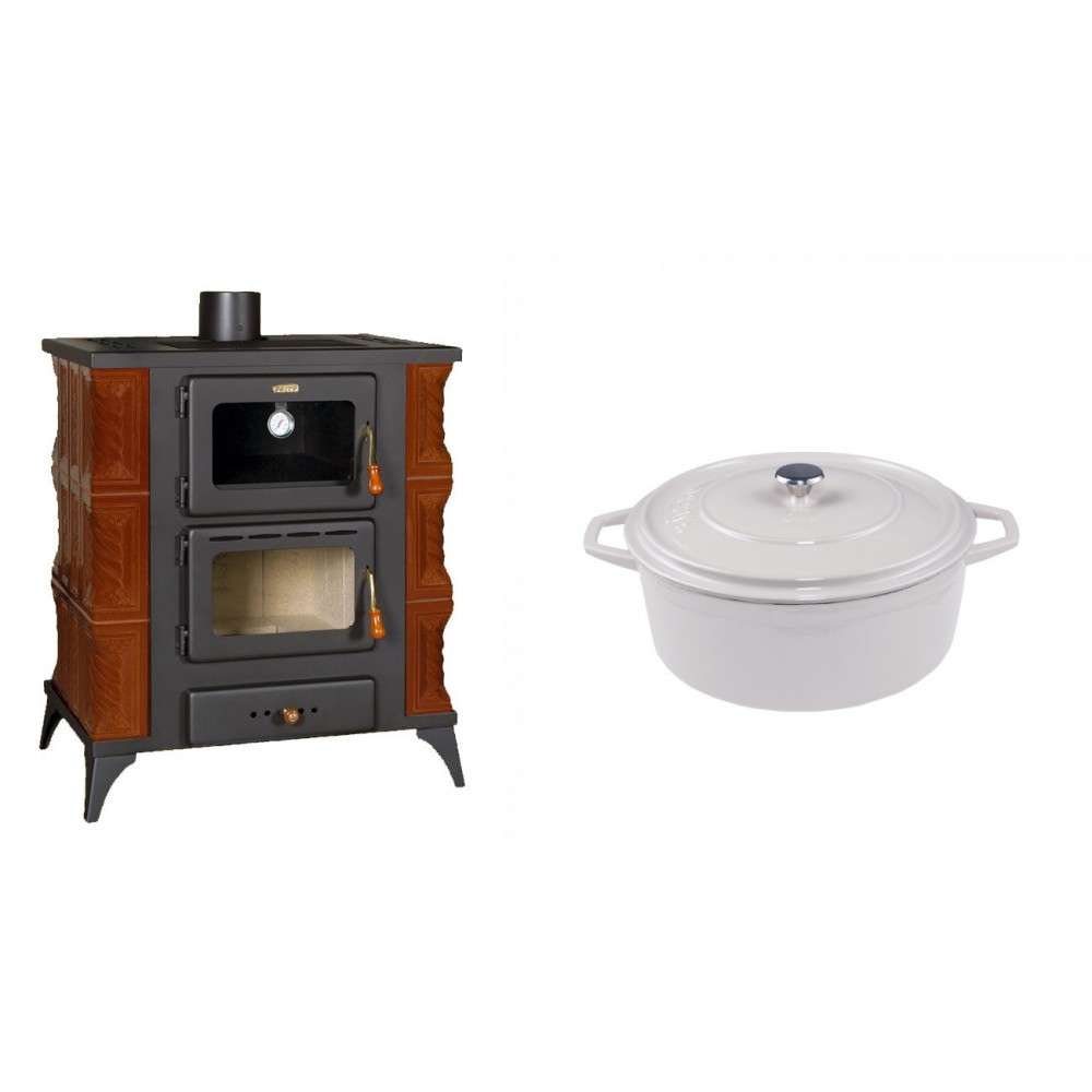 Set Kaminofen, Holzofen mit Backfach Prity, Modell FMS RK Braun, Leistung 12kW, Keramikverkleidung, Füße + Gusseisen Topf Tiefer Solagio, Ivory, Ф20 | Holzofen | Kaminofen |