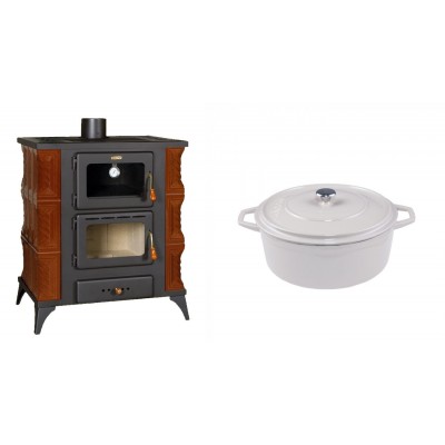 Set Kaminofen, Holzofen mit Backfach Prity, Modell FMS RK Braun, Leistung 12kW, Keramikverkleidung, Füße + Gusseisen Topf Tiefer Solagio, Ivory, Ф20 - Kaminofen - Holzofen mit Backfach