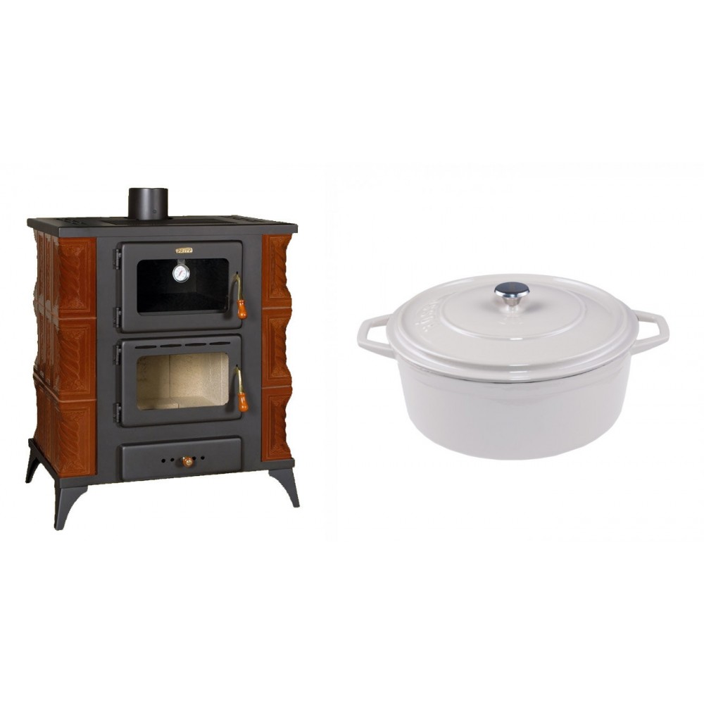 Set Kaminofen, Holzofen mit Backfach Prity, Modell FMS RK Braun, Leistung 12kW, Keramikverkleidung, Füße + Gusseisen Topf Tiefer Solagio, Ivory, Ф24