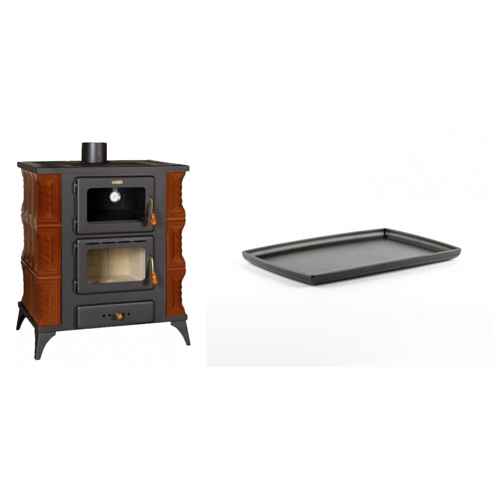 Set Kaminofen, Holzofen mit Backfach Prity, Modell FMS RK Braun, Leistung 12kW, Keramikverkleidung, Füße + Rechteckige Servierplatte aus Gusseisen Solagio, 21x31cm