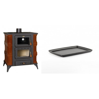 Set Kaminofen, Holzofen mit Backfach Prity, Modell FMS RK Braun, Leistung 12kW, Keramikverkleidung, Füße + Rechteckige Servierplatte aus Gusseisen Solagio, 21x31cm - Kaminofen - Holzofen mit Backfach