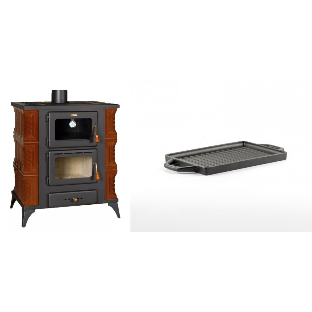 Set Kaminofen, Holzofen mit Backfach Prity, Modell FMS RK Braun, Leistung 12kW, Keramikverkleidung, Füße + Mini-Grillplatte aus Gusseisen Solagio, 15.5x22.5cm | Holzofen | Kaminofen |