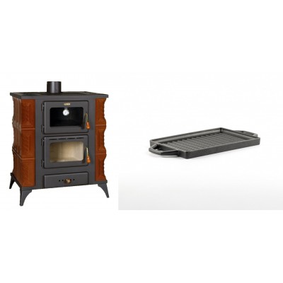 Set Kaminofen, Holzofen mit Backfach Prity, Modell FMS RK Braun, Leistung 12kW, Keramikverkleidung, Füße + Mini-Grillplatte aus Gusseisen Solagio, 15.5x22.5cm - Kaminofen - Holzofen mit Backfach