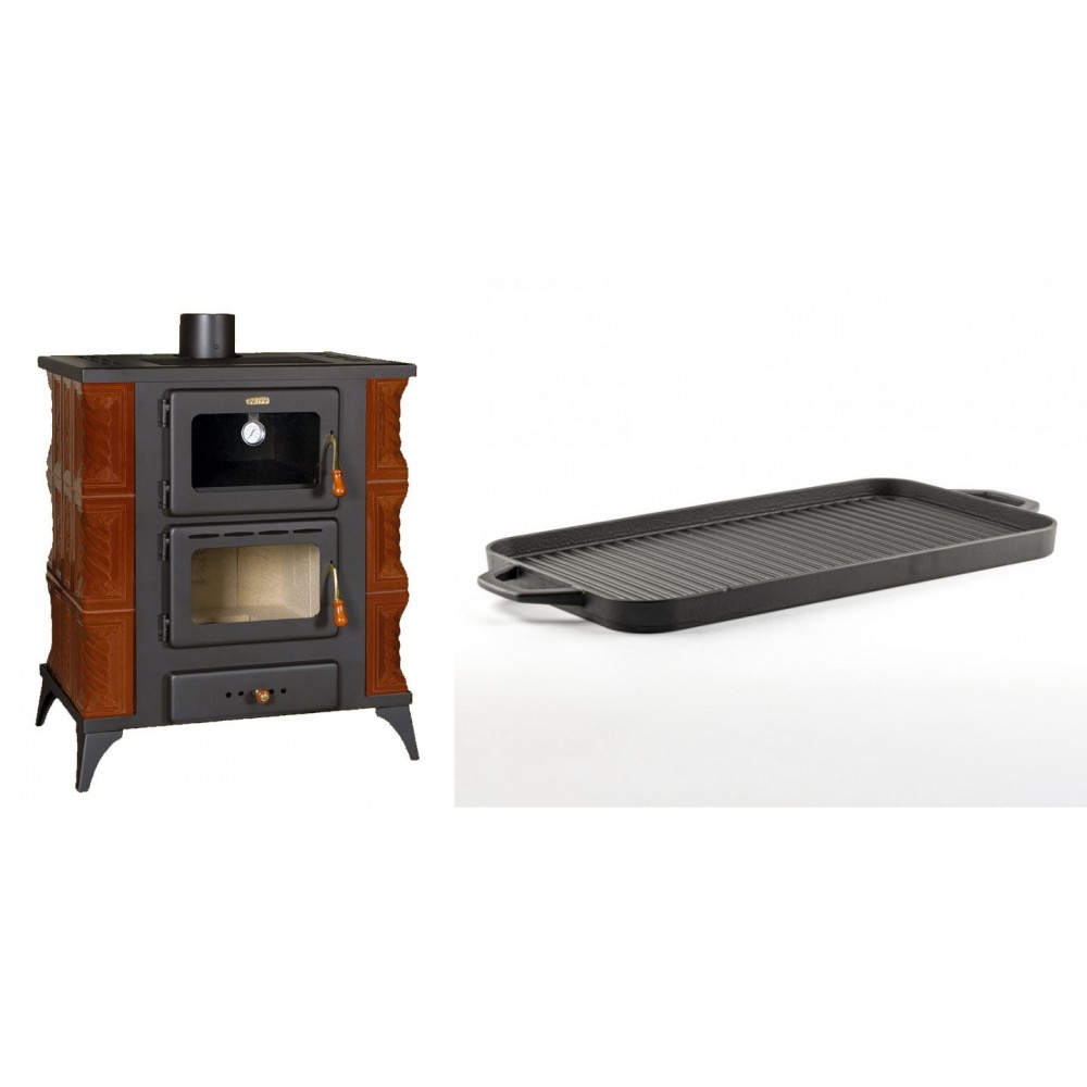Set Kaminofen, Holzofen mit Backfach Prity, Modell FMS RK Braun, Leistung 12kW, Keramikverkleidung, Füße + Große Grillplatte aus Gusseisen Solagio, 25x44cm
