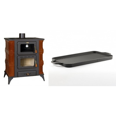 Set Kaminofen, Holzofen mit Backfach Prity, Modell FMS RK Braun, Leistung 12kW, Keramikverkleidung, Füße + Große Grillplatte aus Gusseisen Solagio, 25x44cm - Kaminofen - Holzofen mit Backfach