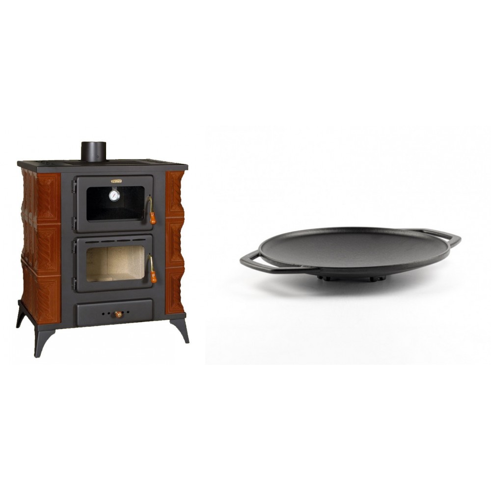 Set Kaminofen, Holzofen mit Backfach Prity, Modell FMS RK Braun, Leistung 12kW, Keramikverkleidung, Füße + Backplatte aus Gusseisen Solagio, Ф28cm