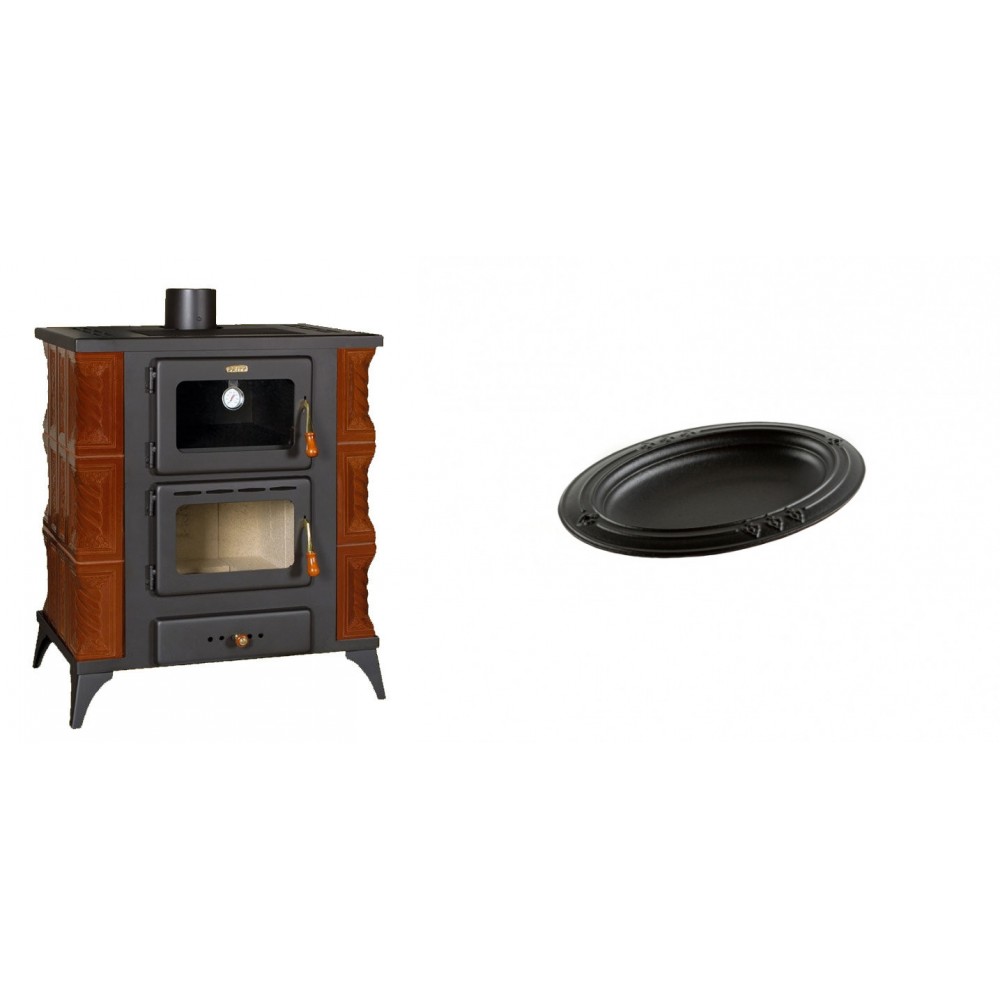Set Kaminofen, Holzofen mit Backfach Prity, Modell FMS RK Braun, Leistung 12kW, Keramikverkleidung, Füße + Gusseiserne auflaufform Solagio oval, 17x28cm | Holzofen | Kaminofen |