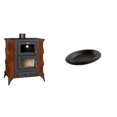 Set Kaminofen, Holzofen mit Backfach Prity, Modell FMS RK Braun, Leistung 12kW, Keramikverkleidung, Füße + Gusseiserne auflaufform Solagio oval, 17x28cm - Kaminofen - Holzofen mit Backfach