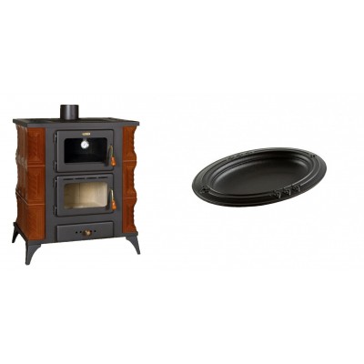 Set Kaminofen, Holzofen mit Backfach Prity, Modell FMS RK Braun, Leistung 12kW, Keramikverkleidung, Füße + Gusseiserne auflaufform Solagio oval, 25x33cm - Kaminofen - Holzofen mit Backfach