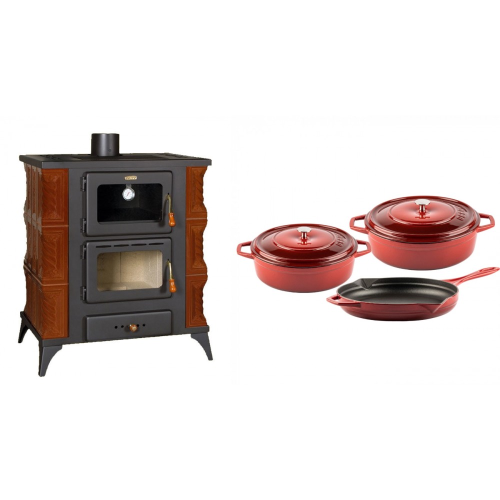 Set Kaminofen, Holzofen mit Backfach Prity, Modell FMS RK Braun, Leistung 12kW, Keramikverkleidung, Füße + Gusseisen Topf Set aus 3 teilen Solagio, Rubin | Holzofen | Kaminofen |