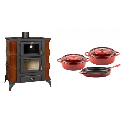 Set Kaminofen, Holzofen mit Backfach Prity, Modell FMS RK Braun, Leistung 12kW, Keramikverkleidung, Füße + Gusseisen Topf Set aus 3 teilen Solagio, Rubin - Kaminofen - Holzofen mit Backfach