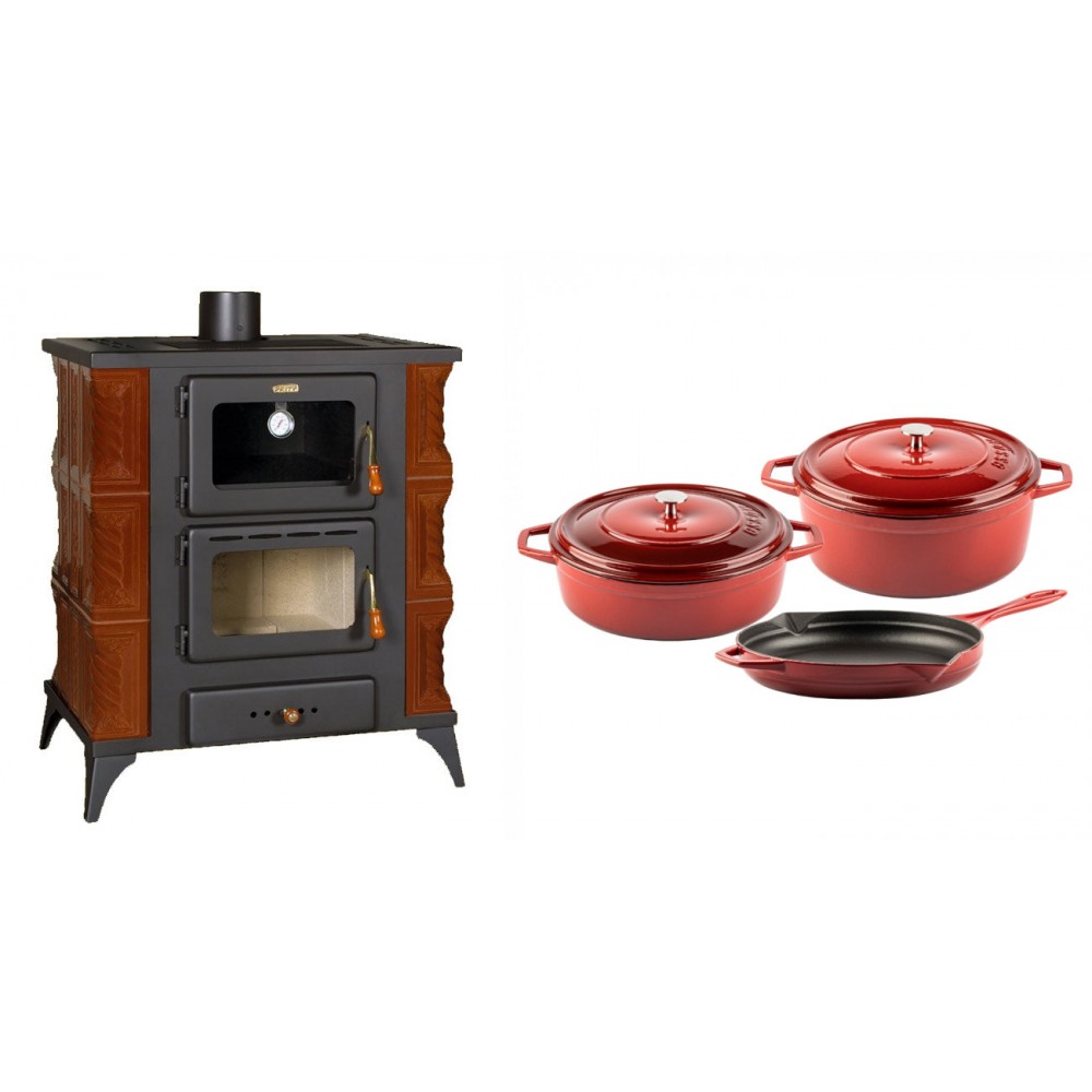 Set Kaminofen, Holzofen mit Backfach Prity, Modell FMS RK Braun, Leistung 12kW, Keramikverkleidung, Füße + Gusseisen Topf Set aus 3 teilen Solagio, Rubin | Holzofen | Kaminofen |