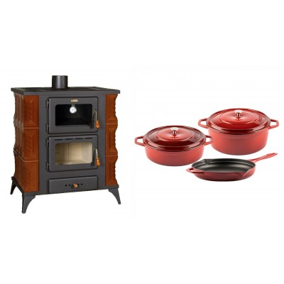 Set Kaminofen, Holzofen mit Backfach Prity, Modell FMS RK Braun, Leistung 12kW, Keramikverkleidung, Füße + Gusseisen Topf Set aus 3 teilen Solagio, Rubin - Kaminofen - Holzofen mit Backfach