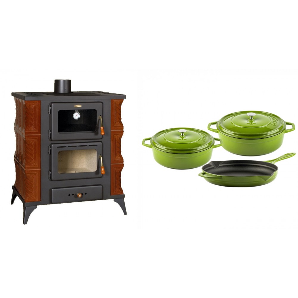 Set Kaminofen, Holzofen mit Backfach Prity, Modell FMS RK Braun, Leistung 12kW, Keramikverkleidung, Füße + Gusseisen Topf Set aus 3 teilen Solagio, Bamboo